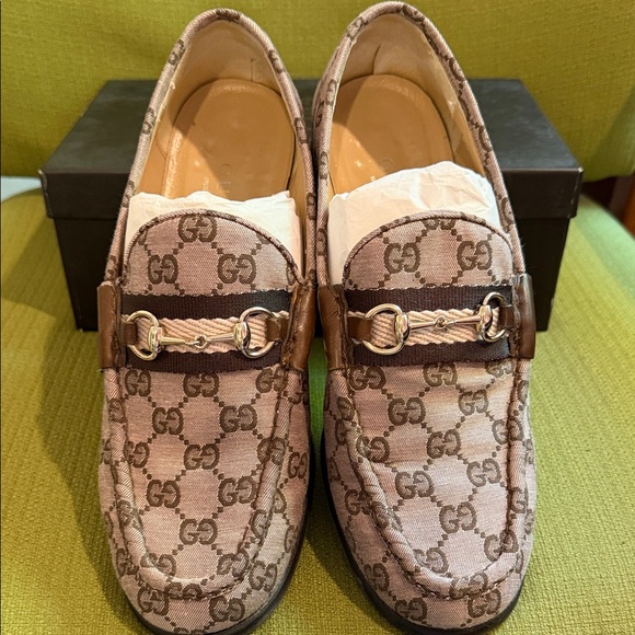 Gucci Shoes - Gucci Beige Brown/Pink GG Canvas Horsebit Loafers